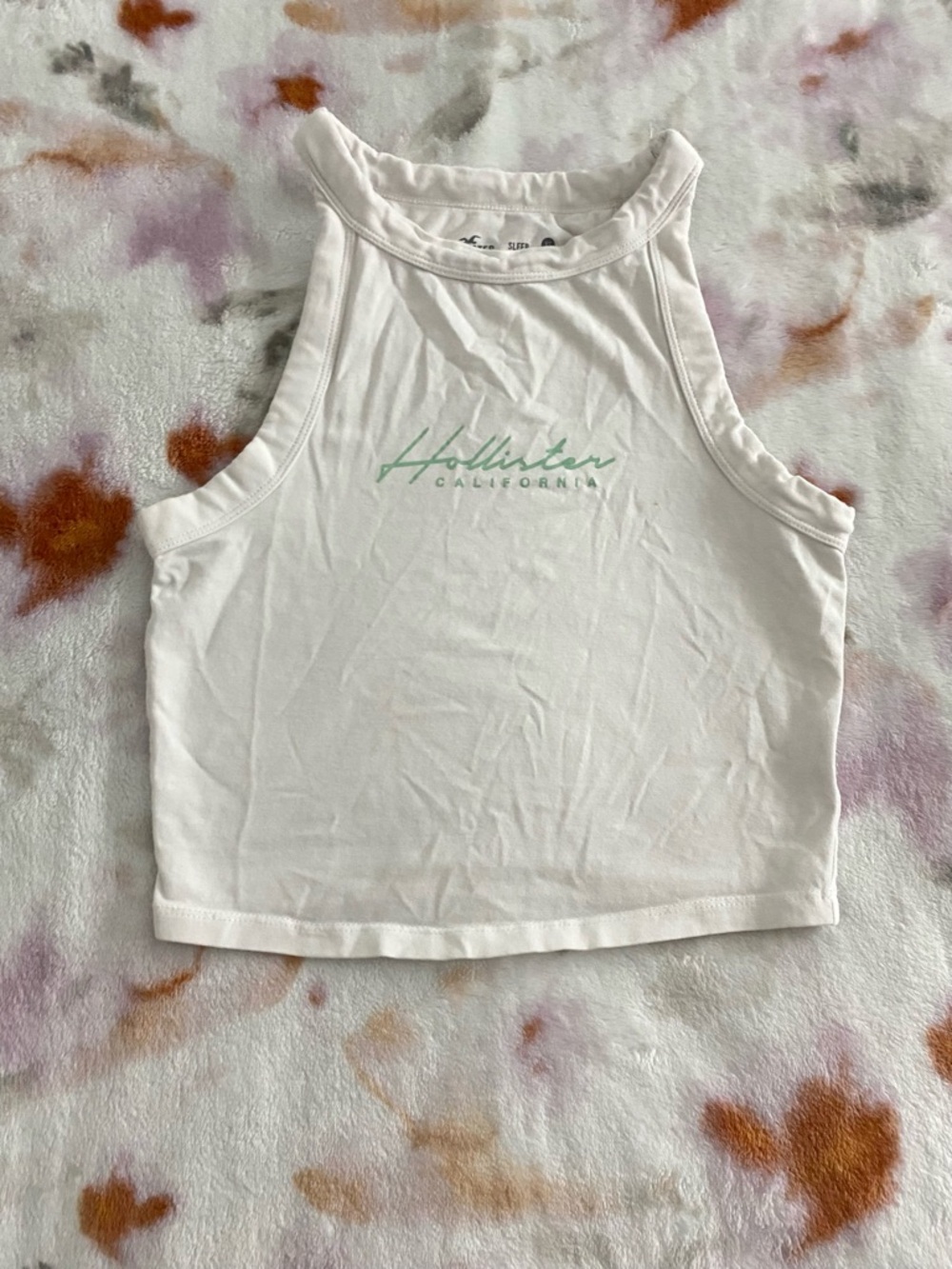 Hollister White Cropped Racerback Tank with Mint Logo